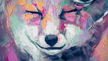 Oil fox portrait painting in multicolored tones. Conceptual abstract painting of a fennec muzzle....