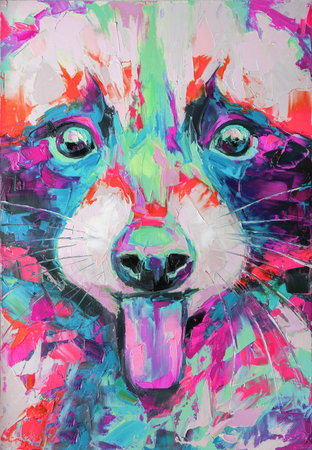 Oil raccoon portrait painting in multicolored tones. Conceptual abstract painting of a raccoon. Closeup of a painting by oil and palette knife canvas.の写真素材