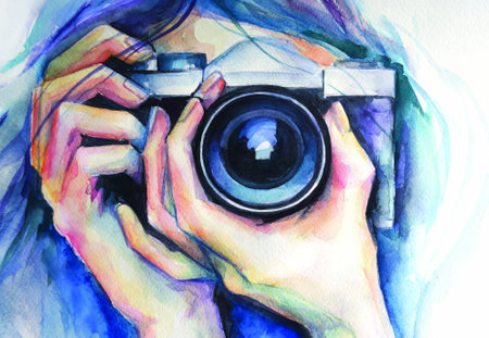 Hand holding old photo camera. Painted watercolor photographer with a camera.の写真素材
