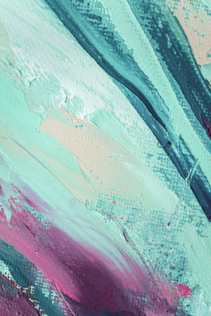 Closeup of abstract rough colorful art painting texture, with oil brushstroke, pallet knife paint on canvas, complementary colors.の写真素材