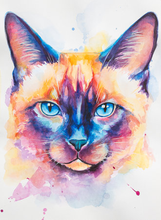 Siamese Cat painted in watercolor on a white background in a realistic manner, colorful, rainbow. Ideal for teaching materials, books and nature-themed designs.の写真素材