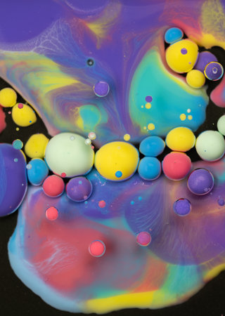 Colorful abstract patterns created by marbling paint on a dark surface, showcasing vibrant spheres...