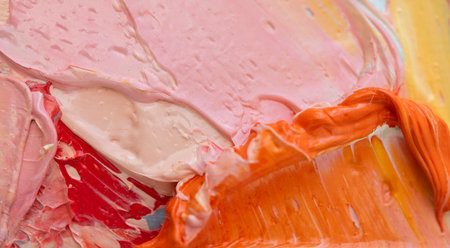 Fragments of vibrant colors created with a palette knife technique in abstract oil paintingの写真素材