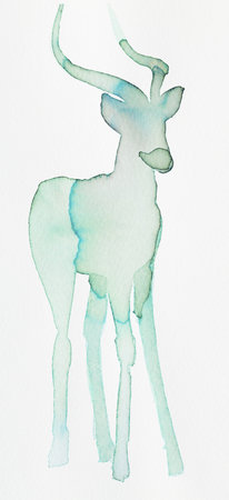 Elegant ink drawing of a graceful deer standing in a serene pose with flowing colorsの写真素材