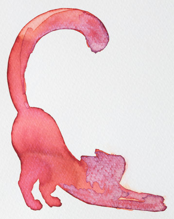 Stretching cat silhouette in vibrant pink watercolor ink on white backgroundの写真素材