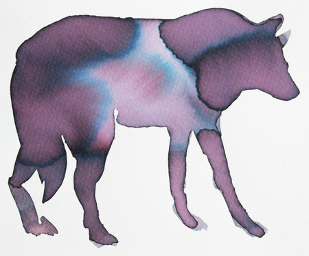 Creative use of ink in a watercolor illustration of a walking wolf silhouette with vibrant colorsの写真素材