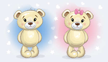 Cute Cartoon Teddy Bears isolated on a blue and pink background with hearts and stars. Baby shower. Baby doll vector illustration.のイラスト素材