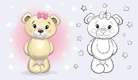 Christmas Cute Cartoon Teddy Girl Bear. Baby doll vector illustration. Coloring page.のイラスト素材