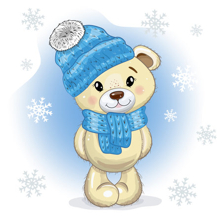 Christmas card Cute Cartoon Teddy Bear in a hat and a scarf on a blue - white background with snowflakes. Vector illustration.のイラスト素材