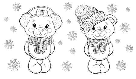 Christmas coloring page Cute Cartoon Teddy Bear Dolls in a hat, fur headphones and scarfs on a white background with snowflakes. Vector illustration. Coloring page.のイラスト素材