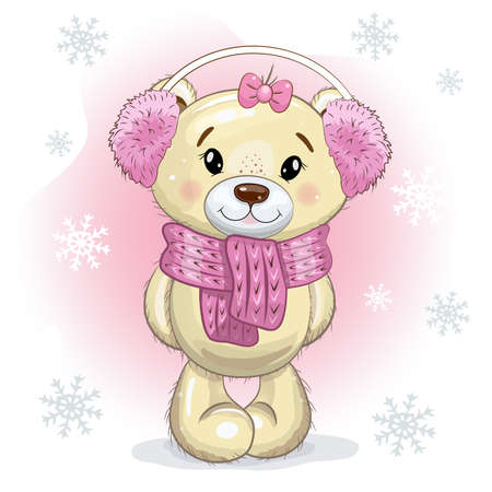 Christmas card Cute Cartoon Teddy Bear Girl in fur headphones and a scarf on a pink - white background with snowflakes. Vector illustration.のイラスト素材