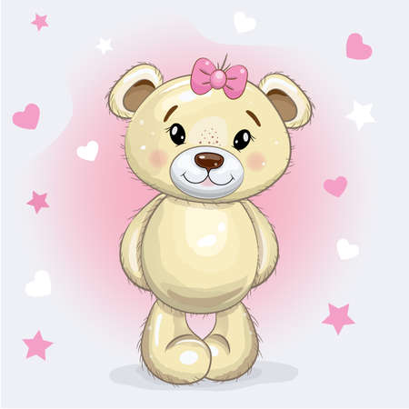 Cute Cartoon Teddy Bear Girl with a bow on isolated on a pink background with hearts and stars. Vector illustration.のイラスト素材