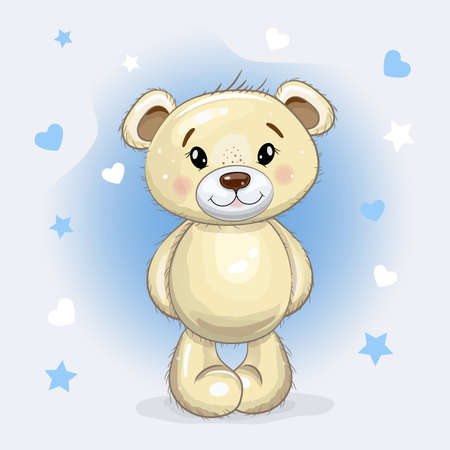 Cute Cartoon Teddy Bear isolated on a blue background with hearts and stars. Vector illustration.のイラスト素材