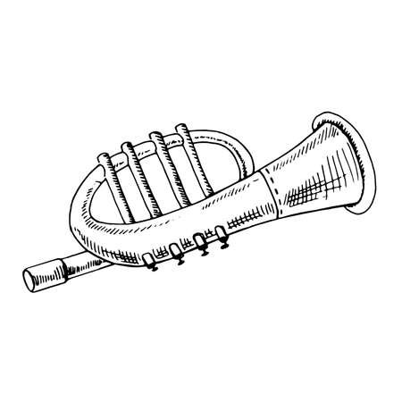 A hand-drawn ink sketch of a vintage musical trumpet. Musical trumpet toy. Outline on a white background, vintage vector illustration.のイラスト素材