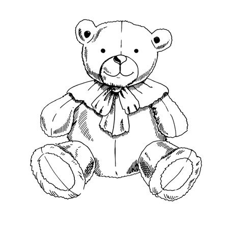 A hand-drawn ink sketch of a vintage toy. Teddy bear toy. Outline on a white background, vintage vector illustration.のイラスト素材