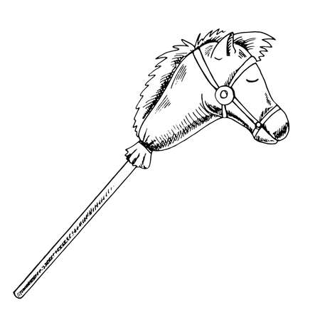 A hand-drawn ink sketch of a vintage hobby horse. Retro toy. Outline on a white background, vintage vector illustration. Vintage sketch element for labels, packaging and cards design.のイラスト素材