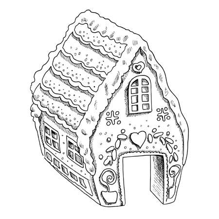 A hand-drawn drawing of a gingerbread house. Christmas and New Year illustration. Vintage illustration.のイラスト素材