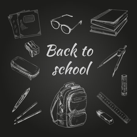 Back to School. Hand drawn Illustration. Vector set of school items on a chalkboard. School illustration.のイラスト素材