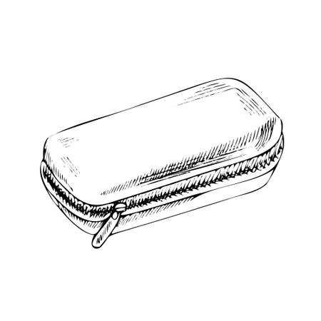 Vector hand-drawn school and office supplies Illustration. Detailed retro style pencil case sketch. Vintage sketch element. Back to School. School essential illustration.のイラスト素材