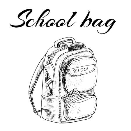 Hand drawn Illustration. Back to School. School essential illustration. Vintage vector school bag sketch.のイラスト素材