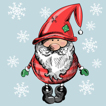 A hand-drawn gnome for New Year or Christmas with snowflakes on a blue background. The Scandinavian gnome. Vintage vector illustration.のイラスト素材