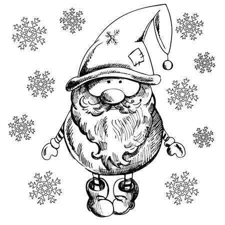 A hand-drawn gnome for New Year or Christmas with snowflakes. The Scandinavian gnome. Vintage vector illustration.のイラスト素材