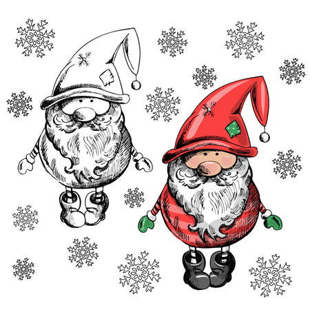 A hand-drawn gnome for New Year or Christmas with snowflakes. The Scandinavian gnome. Vintage vector illustration.のイラスト素材