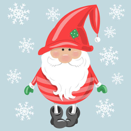 Vector gnome for New Year or Christmas with snowflakes on a blue background. The Scandinavian gnome. Vector illustration.のイラスト素材