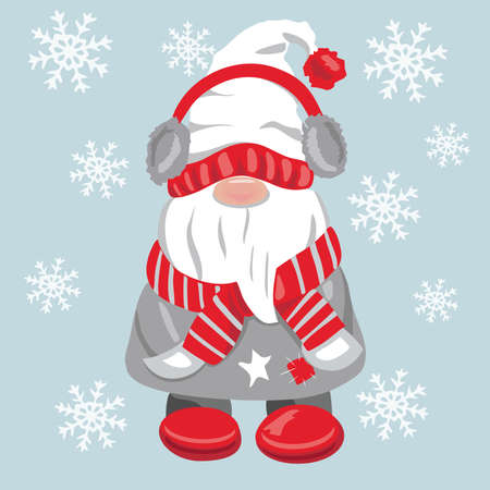 Vector gnome for New Year or Christmas with snowflakes on a blue background. The Scandinavian gnome. Vector illustration.のイラスト素材