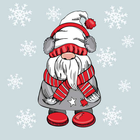 A hand-drawn gnome for New Year or Christmas with snowflakes on a blue background. The Scandinavian gnome. Vintage vector illustration.のイラスト素材