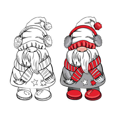 A hand-drawn gnome for New Year or Christmas. The Scandinavian gnome. Vintage vector illustration.のイラスト素材