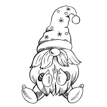 A hand-drawn gnome in a hat with snowflakes. The Scandinavian gnome. Vintage vector illustration.のイラスト素材