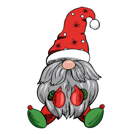 A hand-drawn gnome in a hat with snowflakes. The Scandinavian gnome. Vintage vector illustration.のイラスト素材