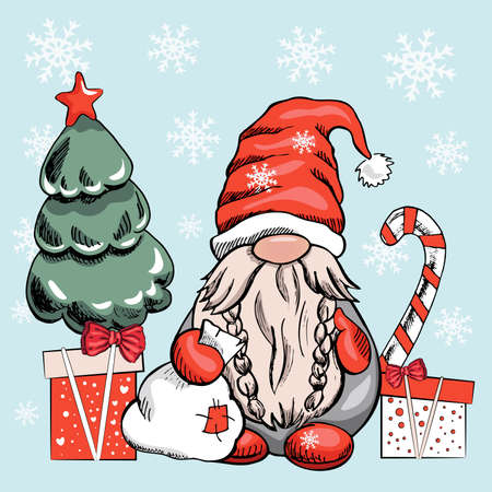 Vector gnome for New Year or Christmas with gifts, a Christmas tree, a candy cane, a bag of gifts and snowflakes on a blue background. The Scandinavian gnome. Vector illustration.のイラスト素材