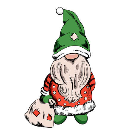 A hand-drawn gnome with a bag in his hands. The Scandinavian winter gnome. Vintage vector illustration.のイラスト素材