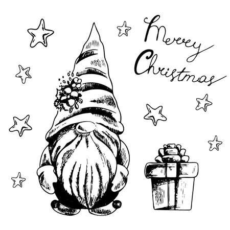 Hand-drawn Christmas set: gnome, gift box, stars, title. Vintage vector illustration.のイラスト素材