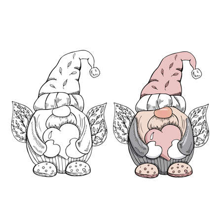 A hand-drawn gnome for valentine's day. The Scandinavian gnome isolated on the white background. Vintage vector illustration.のイラスト素材