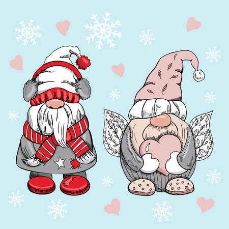 A set of hand-drawn gnomes for the New Year, Christmas and Valentine's day. Vintage vector illustration. New Year, Christmas and Valentine's day illustration.のイラスト素材