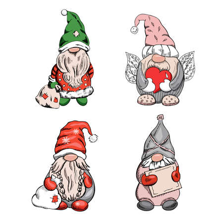 A set of hand-drawn gnomes for the New Year, Valentine's Day. Vintage vector illustration. New Year, and Christmas illustration. New Year, Valentine's Day, illustration.のイラスト素材