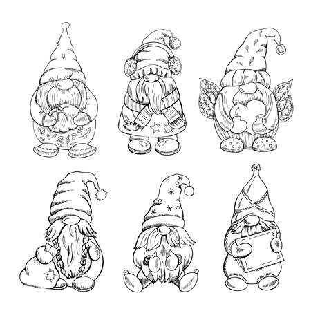 A set of hand-drawn gnomes for the New Year, Valentine's Day, Halloween. Vintage vector illustration. New Year, and Christmas illustration. New Year, Valentine's Day, Halloween illustration.のイラスト素材