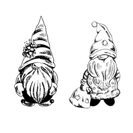 A set of hand-drawn gnomes for the New Year and Christmas. Vintage vector illustration. New Year, and Christmas illustration.のイラスト素材