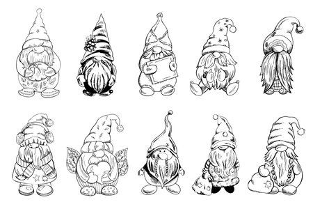 A set of hand-drawn gnomes for the New Year, Valentine's Day, Halloween. Vintage vector illustration. New Year, and Christmas illustration. New Year, Valentine's Day, Halloween illustration.のイラスト素材