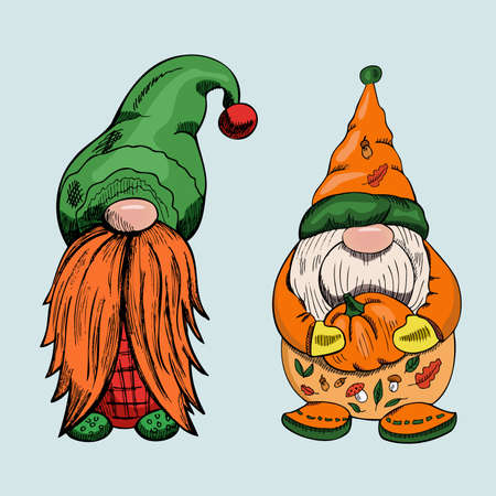 A hand-drawn gnomes for halloween. The Scandinavian dwarf. Vintage vector illustration.のイラスト素材
