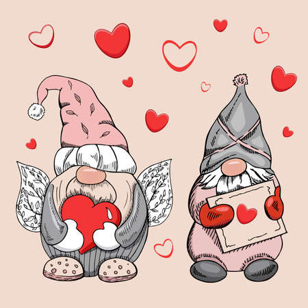 A hand-drawn gnomes for valentine's day. The Scandinavian gnomes with hearts isolated on the pink background. Vintage vector illustration.のイラスト素材