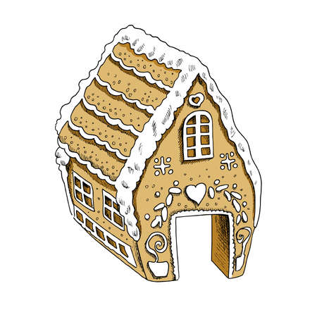 A hand-drawn drawing of a gingerbread house. Christmas and New Year illustration. Vintage illustration.のイラスト素材