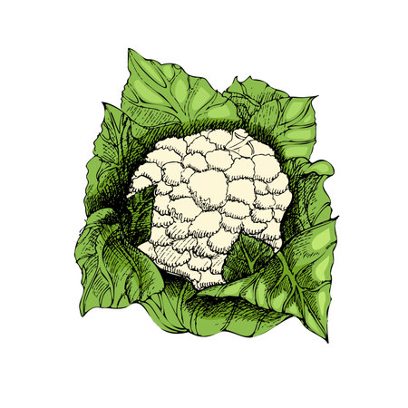 Vector hand drawn vegetable Illustration. Detailed retro style hand-drawn sketch of cauliflower. Vintage sketch element for labels, packaging and cards design.のイラスト素材