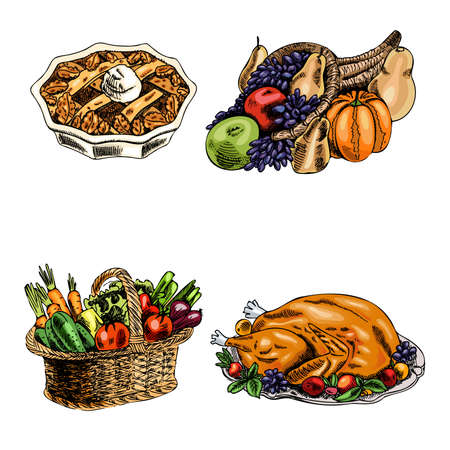 A hand-drawn set of Thanksgiving and Christmas dishes: baked turkey, cornucopia, basket of vegetables, apple pie. Vintage ink drawings. Vector illustration for labels and postcards.のイラスト素材