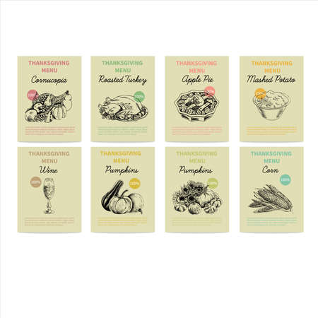 Template design. Vector hand -drawn thanksgiving cards set. Vintage style sketch illustration.のイラスト素材