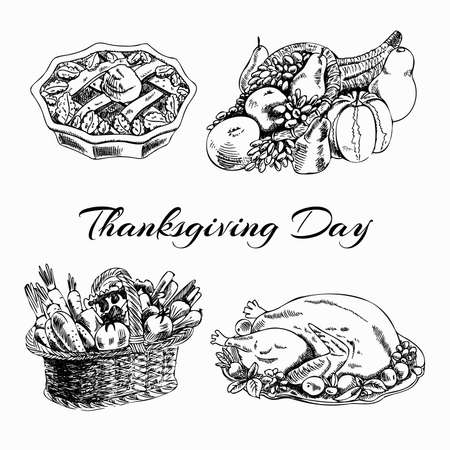 A hand-drawn set of Thanksgiving dishes: baked turkey, cornucopia, basket of vegetables, apple pie. Vintage ink drawings. Vector illustration for labels and postcards.のイラスト素材