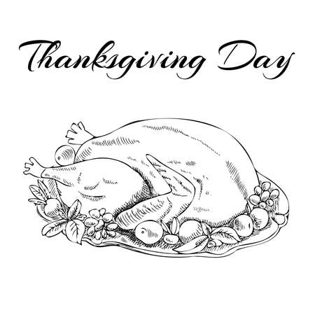 Vector hand-drawn food Illustration. Detailed retro style baked turkey sketch. Vintage sketch element for labels, packaging and cards design.のイラスト素材